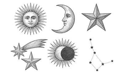 Obraz premium Vintage celestial designs: sun, moon, stars, and constellations