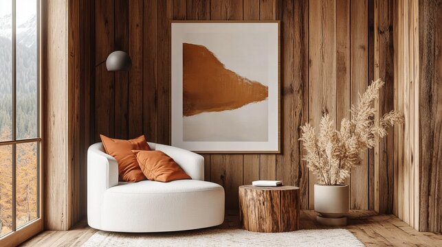 Cozy interior scene with wooden walls, an armchair, artwork, a tree stump table, and mountain view
