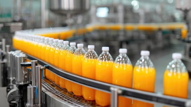 Orange juice bottles on a factory conveyor belt (1)