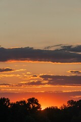 Low-angle sunset scene Warm orange to cool blue sky transition, partially obscured sun casting soft glow on scattered, layered clouds Silhouetted trees in distance below horizon line Natural setti