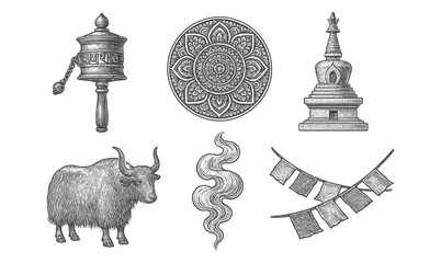 Vintage tibetan symbols and cultural artifacts: prayer wheel, mandala, stupa, yak, smoke, flags