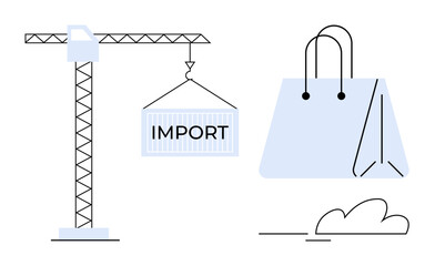 Crane hoisting an import container next to a shopping bag, conveying international trade and retail. Ideal for business, e-commerce, supply chain, logistics, import-export, globalization, economic
