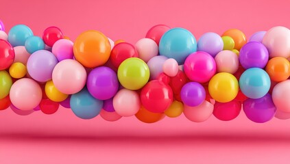 Colorful spherical objects, like balloons, in a horizontal stream against a soft pink background