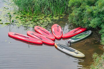 Small boat, red canoes on calm water in natural setting Late afternoon or early evening lighting...
