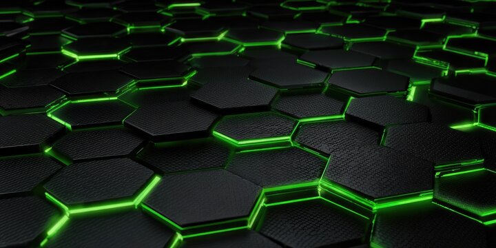 Abstract hexagonal pattern, dark black with vibrant green glowing edges