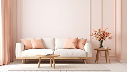 Light-pink living room with a white couch
