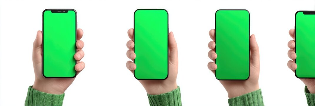 Four hands holding smartphones with blank green screens