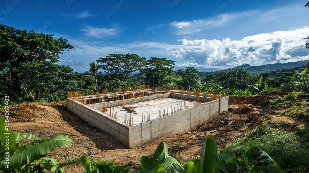 Aufkleber high altitude view of construction site featuring concrete foundation surrounded by lush greenery an