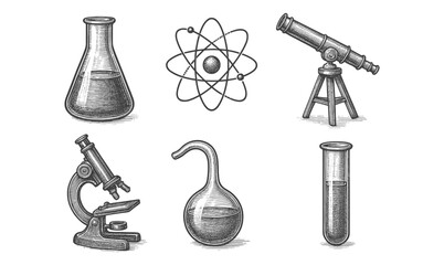 Scientific equipment set: telescopes, microscopes, and atomic models in detailed vintage style