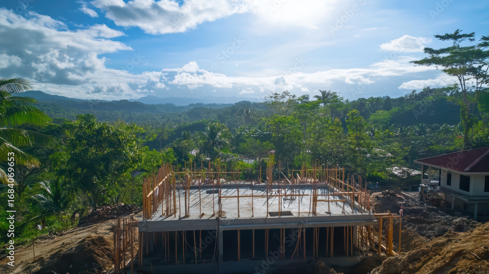 Poster high altitude view of foundation being constructed, surrounded by lush greenery and mountains under 