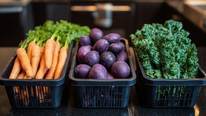 Fresh produce in black plastic containers on a countertop