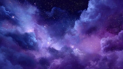 Fototapeta premium Cosmic clouds swirl in vibrant purple and blue hues, scattered with shimmering stars