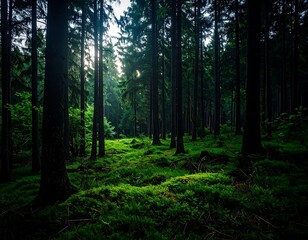 Sunlit forest floor, dense trees