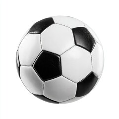 A black and white soccer ball.  A round, stitched ball with alternating black and white hexagonal panels.  Isolated against a plain white background