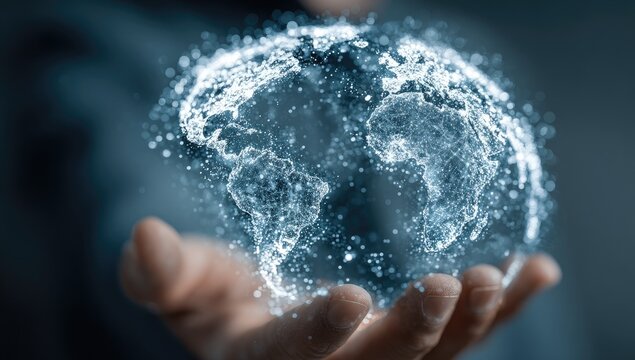 A hand holds a digital globe. A holographic world map floats in the palm, composed of connected dots