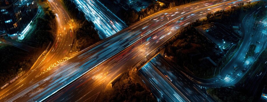 Aerial view of a complex highway interchange at night. Light trails from moving vehicles crisscross the busy intersection. Urban landscape below is visible in the dark