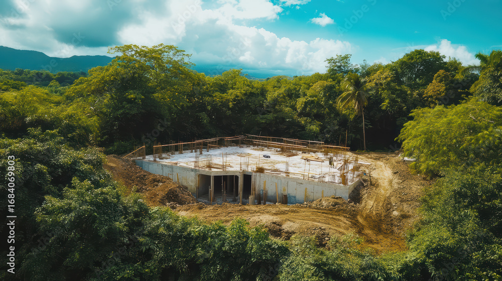 Poster high altitude view of foundation being constructed in lush green area surrounded by trees and mounta