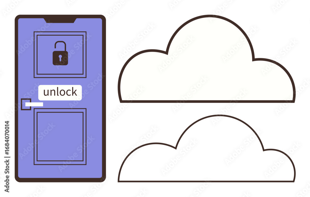Poster door with lock sign symbolizing security alongside two cloud shapes representing cloud storage and a