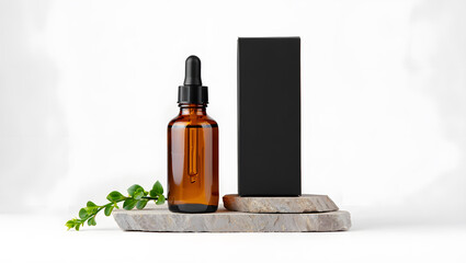 Fototapeta premium Amber glass bottle with essential oil and black box isolated on white background