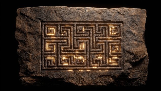 Ancient stone slab with intricate maze design.  Golden light highlights carvings