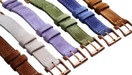 Close-up of various pastel-colored suede watch straps.  Several different shades of lavender, sage, beige, and mauve suede wristbands with rose gold clasps are arranged in a diagonal line