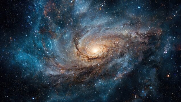 A swirling spiral galaxy, vast and vibrant, bursts with cosmic colors against a backdrop of countless stars.  