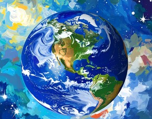 A vibrant depiction of Earth, surrounded by a colorful, abstract space background.