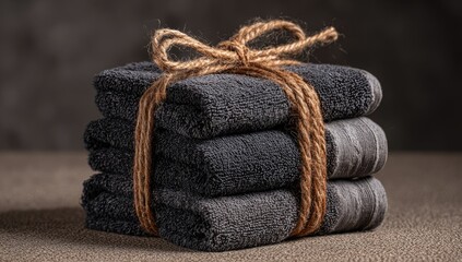 Stacked dark gray towels tied with a piece of light brown twine