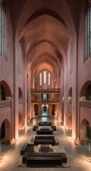 Obraz premium High-ceilinged, pinkish-toned interior space, arched windows, seating areas