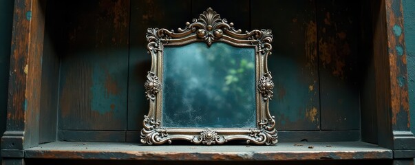 Ancient silver mirror with intricate carvings on a dusty, dimly lit shelf, shelf, dimly lit, relic