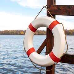 Life preserver on wooden railing by a river