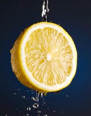 Lemon slice in mid-air, water droplets cascading