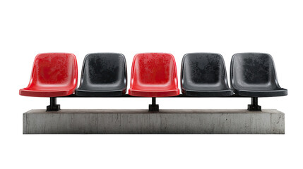 Row of five stadium seats, alternating red and black, mounted on a concrete base