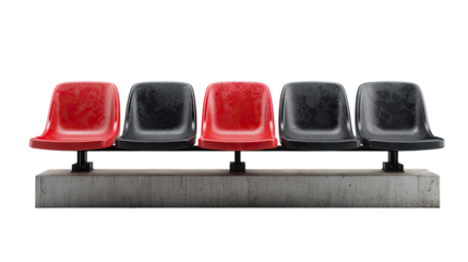 Row of five stadium seats, alternating red and black, mounted on a concrete base