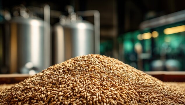A pile of barley grains, close-up, with brewery tanks in the background
