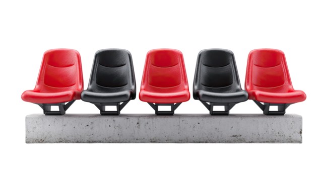 Five stadium seats, alternating red and black, on a concrete base