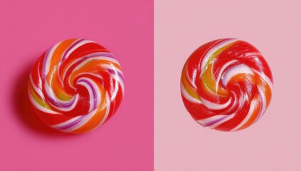 Two colorful swirl lollipops on a pink background