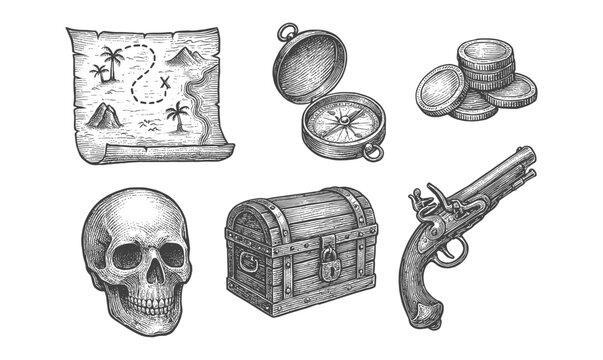 Nautical adventure elements in hand drawn vintage style with compass, map, and pirate artifacts