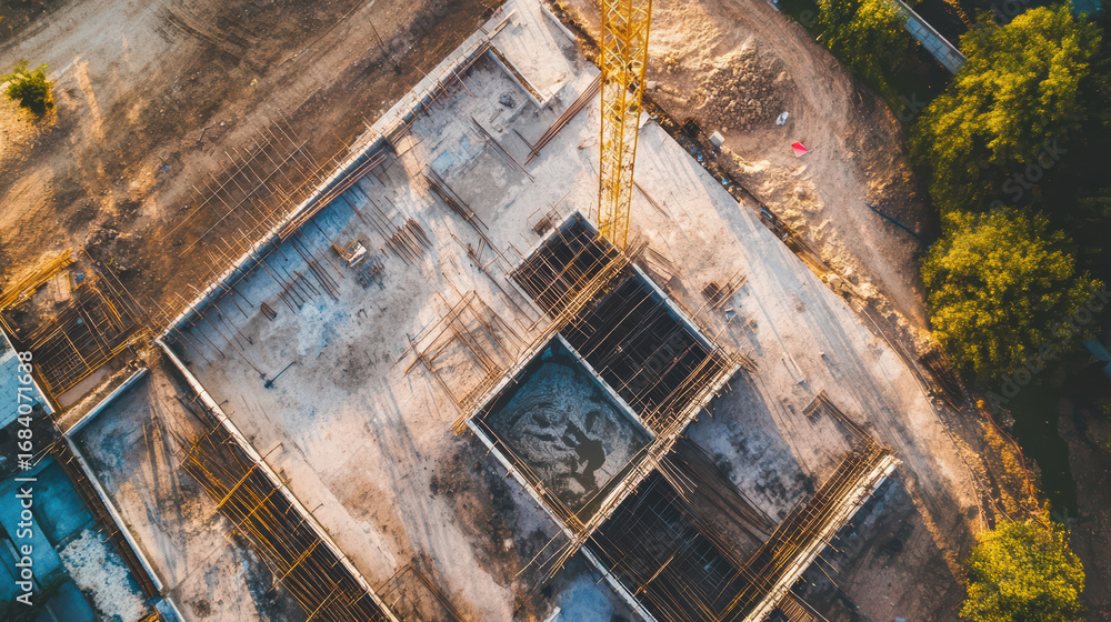 Poster overhead view of construction site showcasing cement foundation with rebar framework, highlighting o