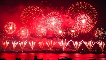 Vibrant red fireworks display over water