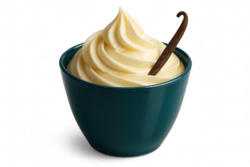 Creamy vanilla ice cream nestled in teal bowl, garnished with vanilla pod against clean white backdrop