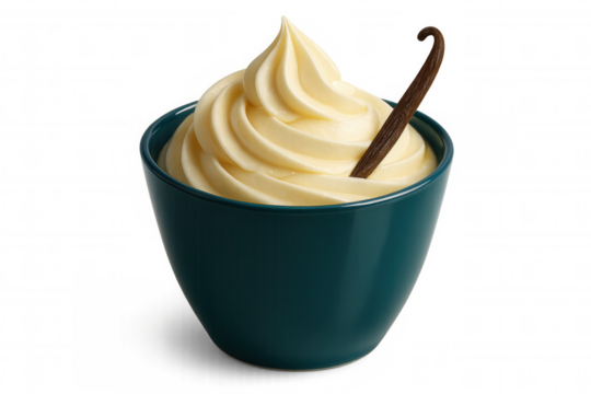 Creamy vanilla ice cream nestled in teal bowl, garnished with vanilla pod against clean white backdrop
