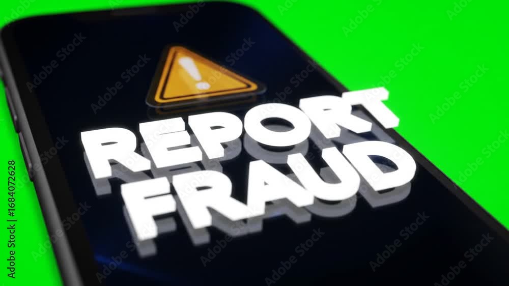 Aufkleber alert message flashes on smartphone screen urging to report fraud immediately with bright green back