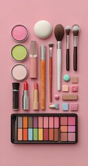 Flat lay of various makeup products on a pink background.  Makeup items, including powders, lipsticks, brushes, and palettes, are arranged in a grid pattern.  Pastel colors are prominent
