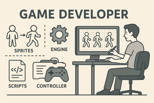 Game Development Icon Banner. Horizontal vector banner with game developer animating characters and game dev icon set for sprites,