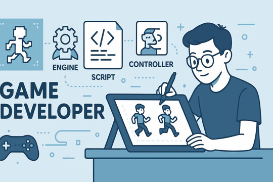 Game Development Icon Banner. Horizontal vector banner with game developer animating characters and game dev icon set for sprites,