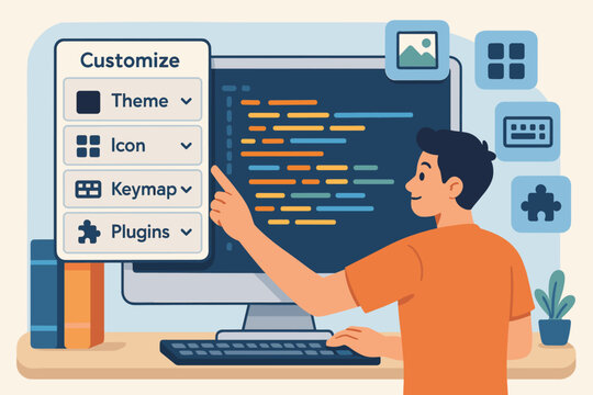 Customizing Text Editor. Scene illustration showing programmer customizing text editor and personalization icon set for themes,