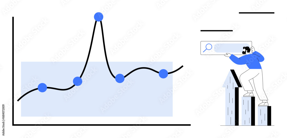 Poster man analyzing data trends on rising chart while standing on bar graph. ideal for business, growth, a