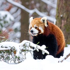 A red panda emerges from winter's snowy cover, its rich fur contrasting with the pristine white landscape.