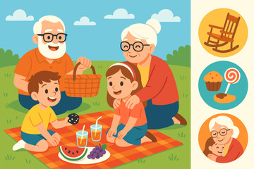 Multigenerational Family Picnic. Bright banner portraying grandparents with grandkids and multigenerational picnic icon set for